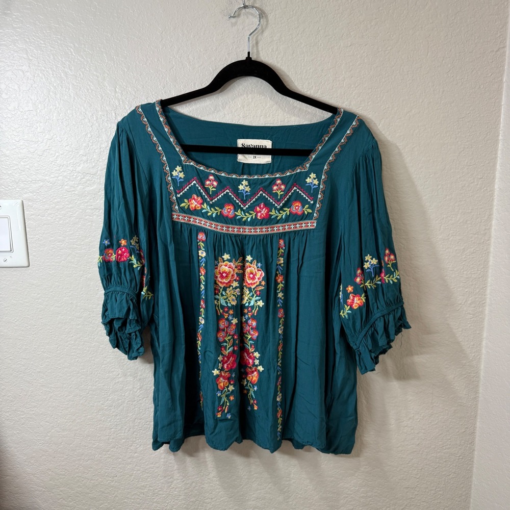 Savanna Jane Embroidered Blouse Teal Green Floral 2X Fall Boho Cottagecore Top